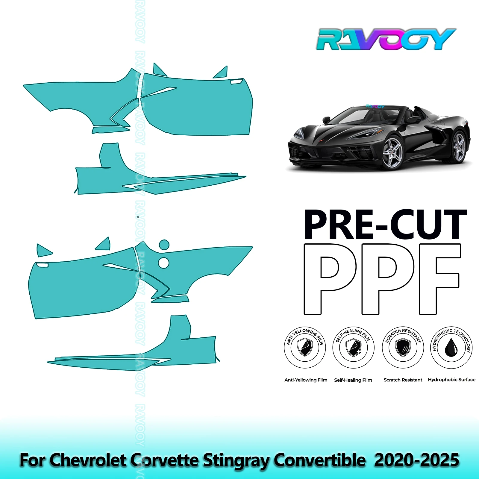 

For Chevrolet Corvette Stingray Convertible 2020-2025 8.5mil Pre-Cut PPF Door & A/B Pillar Kit TPU Paint Protection Film Set