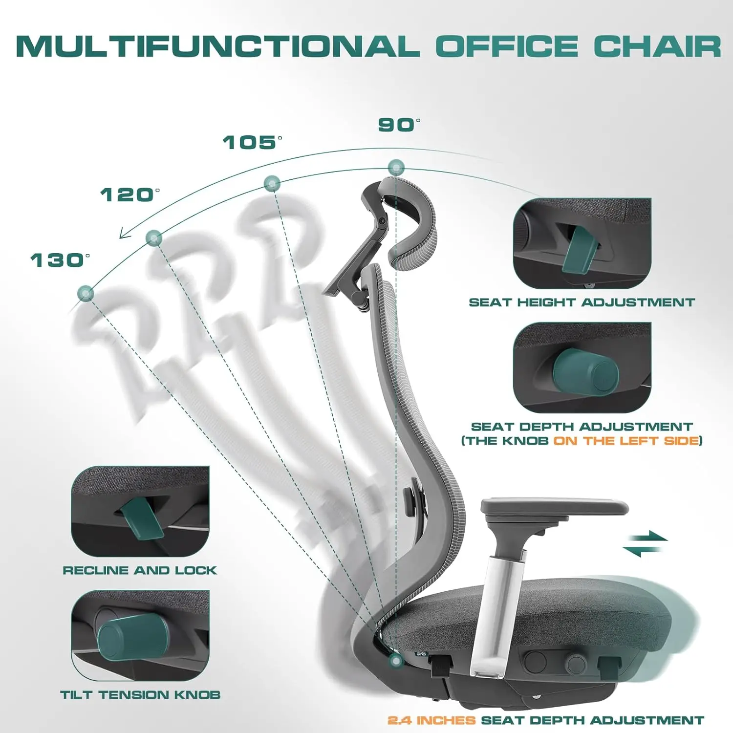 Ergonomic Mesh Office Chair, High Back Computer Executive Desk Chair with Adjustable Headrest and 4D Arms, Slide Seat,