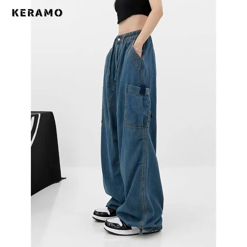 

2024 Spring Women's Casual Style Harajuku Jeans Vintage High Waist Loose Blue Pants Y2K Wide Leg Baggy Pockets Denim Trouser