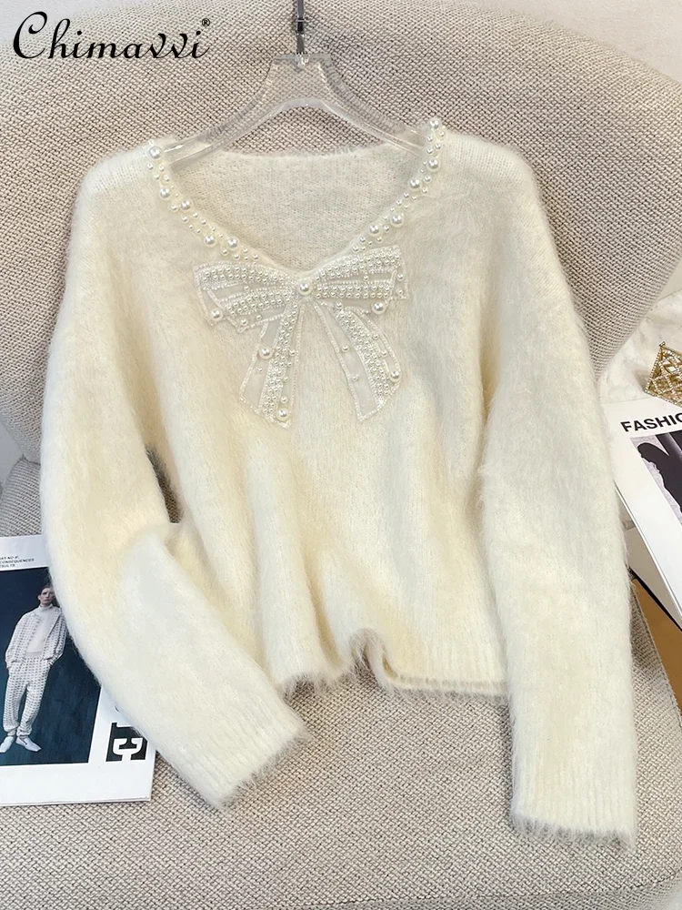 French Style Elegant Casual Bow Pearl Beaded V-Neck Pullover Gentle Soft Long Sleeve Fashion White Knitted Sweater Women Autumn