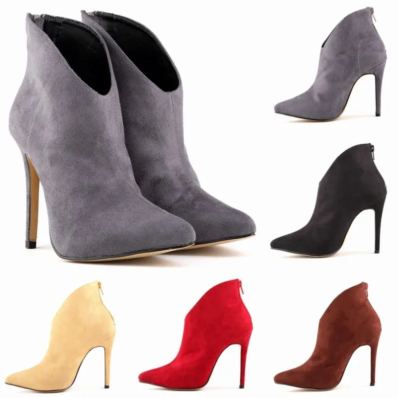 

7 Colors Stiletto Women Fashion Ankle Boots Rome Back Zipper Flannel Pointed Toe Solid Party Boots Female Autumn Elegant Shoes