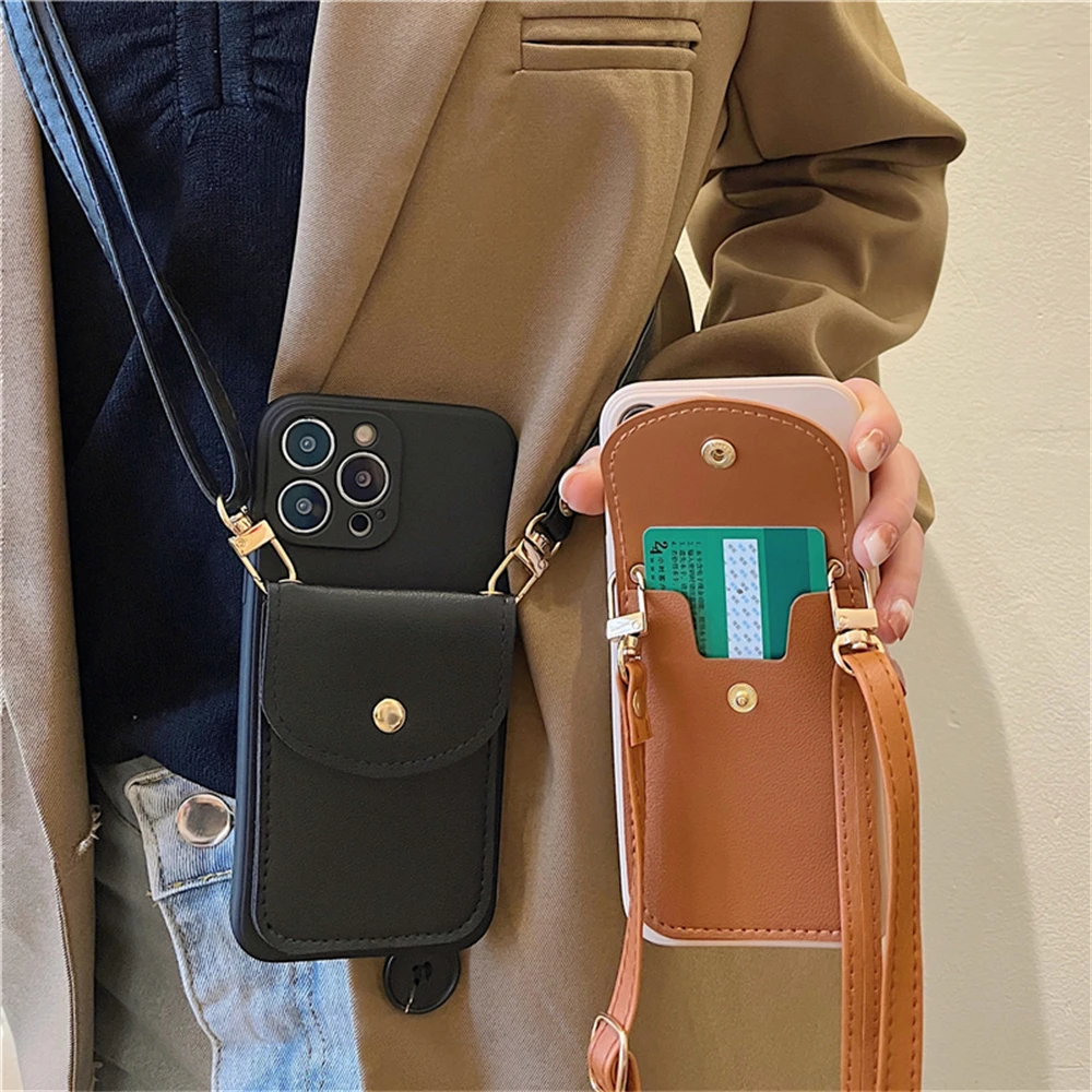 Crossbody Leather Wallet Card Holder Necklace Lanyard Case For iPhone 17 16 15 14 Pro Max 11 12 13 XR 7 Plus silicone Soft Cover