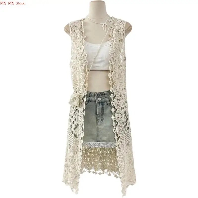 

N1HE Lightweight Crochet Lace Top Beach Cover Up Fashion Sleeveless Cardigan For Casual Outfits Multi Occasion Wear