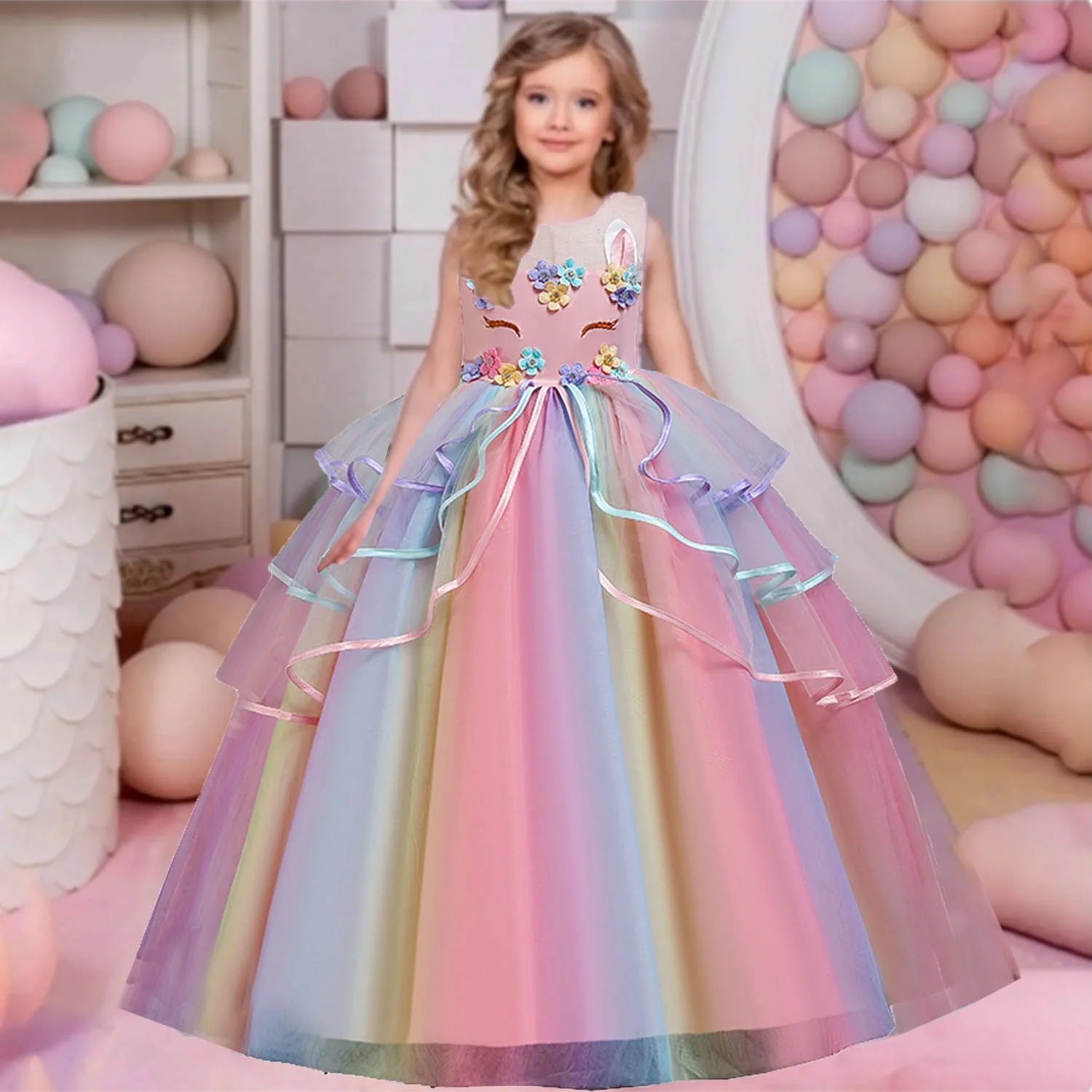 Shiny Toddler Little Big Girls Unicorn Flower Girl Birthday Party Formal Dress Long Pageant Dress AC1080