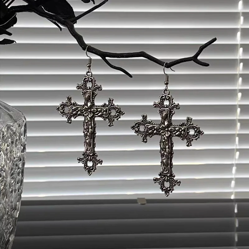 Women's Gothic Flower Large Cross Hoop Earrings