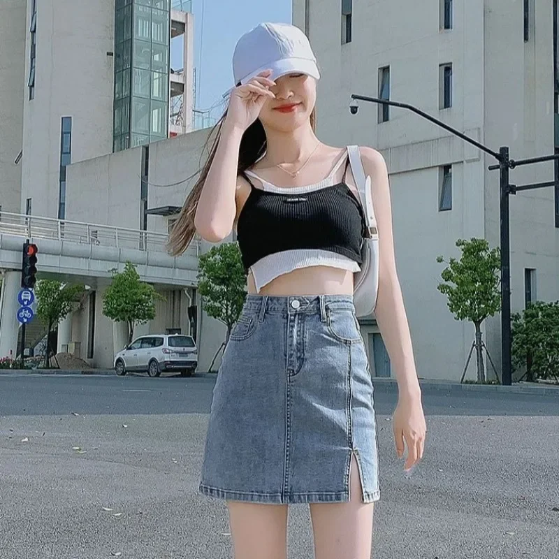 

Female Jeans Skirts with Slit Short Aesthetic Stylish Quality Y2k Vintage 2025 Trend Korean Style High Waist Women's Denim Skirt