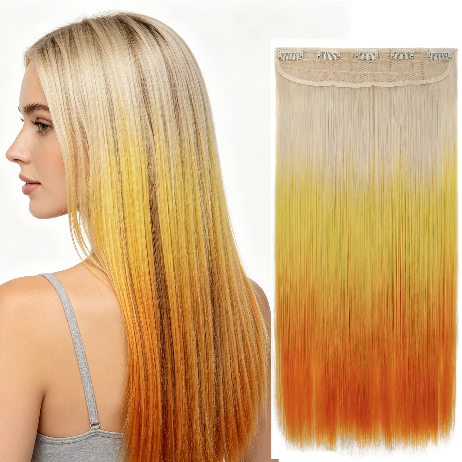 Clip-in One Piece Hair Extension 5 Clips  Tri-Tone Ombre Gradient Color Straight Synthetic Hairpieces for Girls