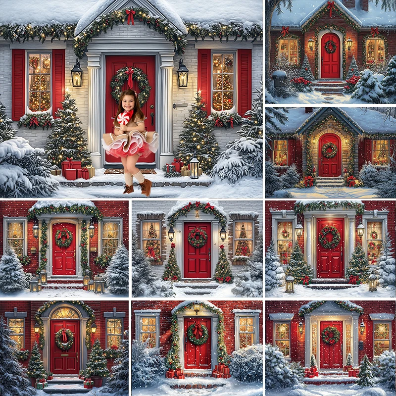 

LS Photography Background Winter Christmas Shop Snow Front Door Xmas Tree Kids Family Portrait Decor Backdrop Photo Studio