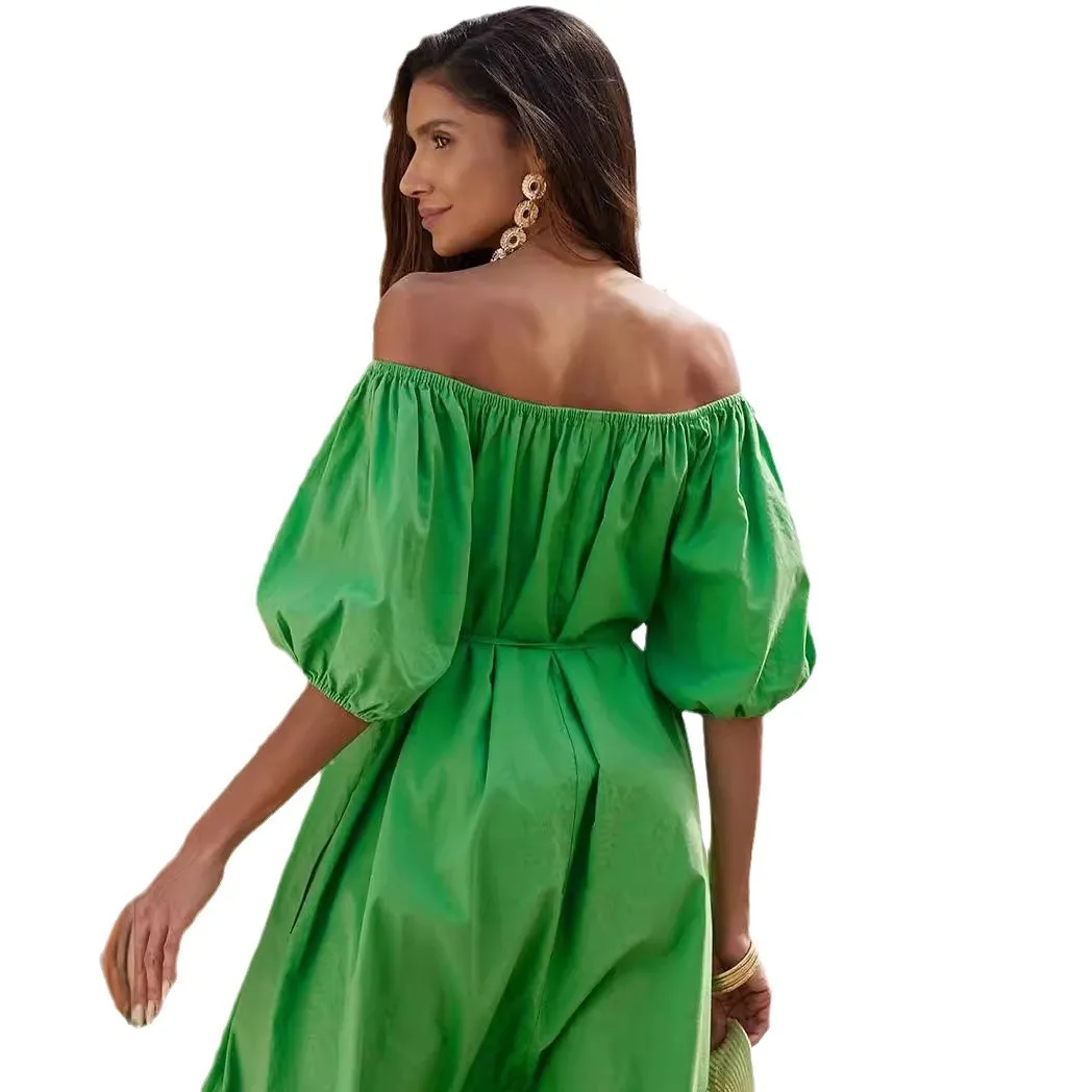 Fashionable Women\'s Green Lace Up Dress French Casual Lazy Style Bubble Sleeves Slanted Shoulder Short Sleeved Elegant Dress