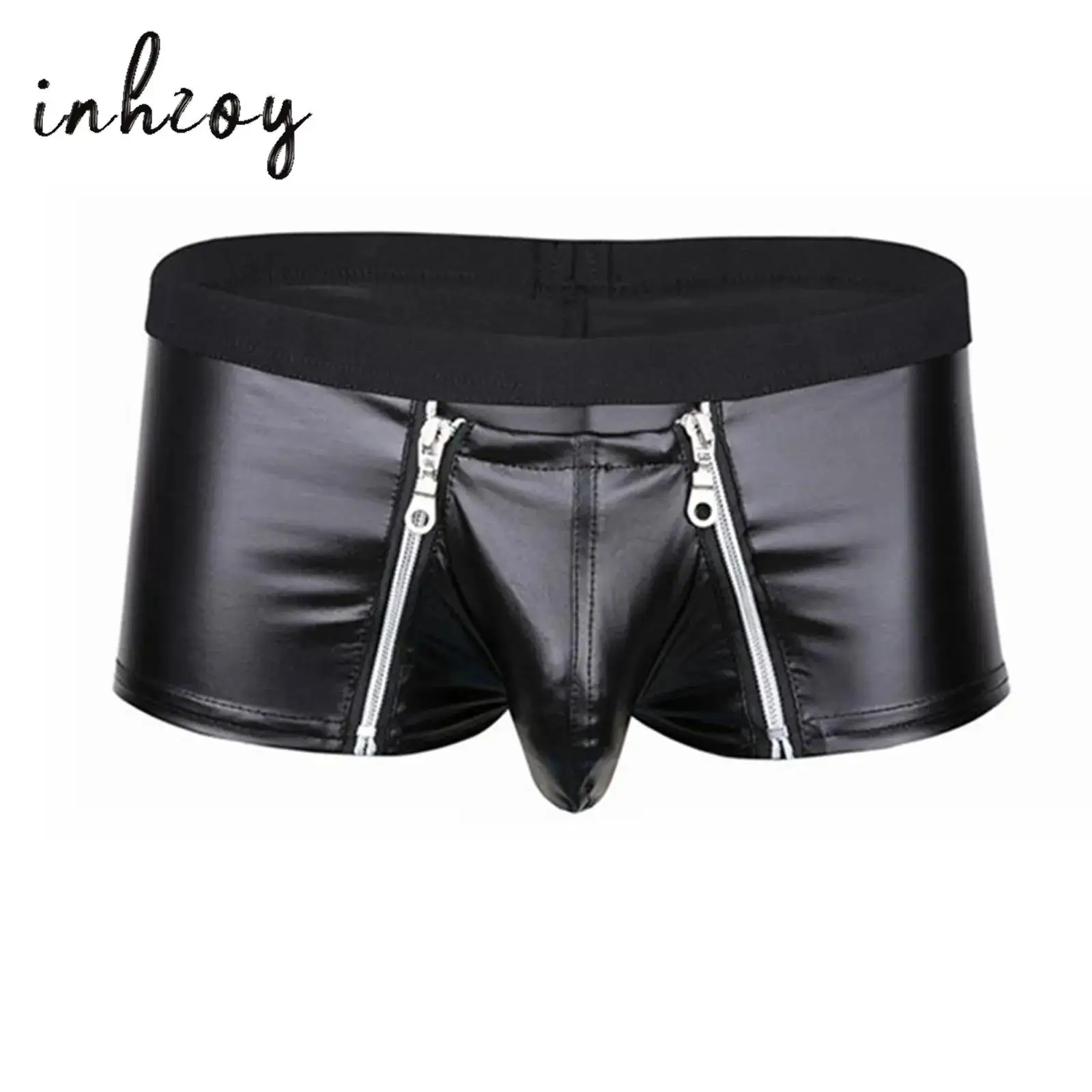 

Sexy Mens Zipper Crotch Faux Leather Boxer Shorts Low Waisted Bulge Pouch Lingerie Shorts Slim Cut Underpants Underwear Clubwear