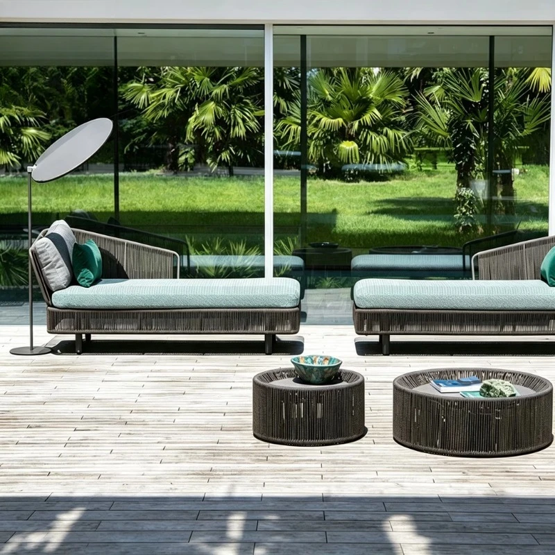 Single recliner patio set, curved frame, wooden legs, bevelled backrest, outdoor recliner