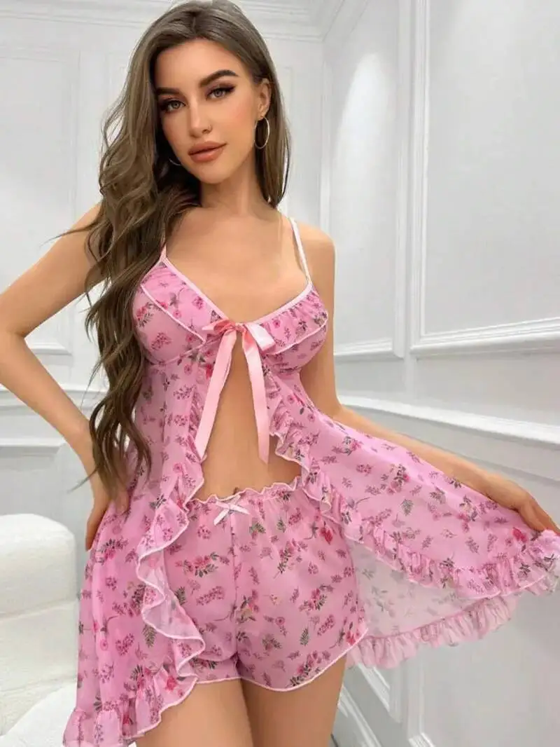 

Женские сексуальные шорты с сетчатым ремешком Pure Desire с цветочным принтом, тонкие сексуальные комплекты с бантом, морщинами по краям, комплекты шорт, элегантные TWKT