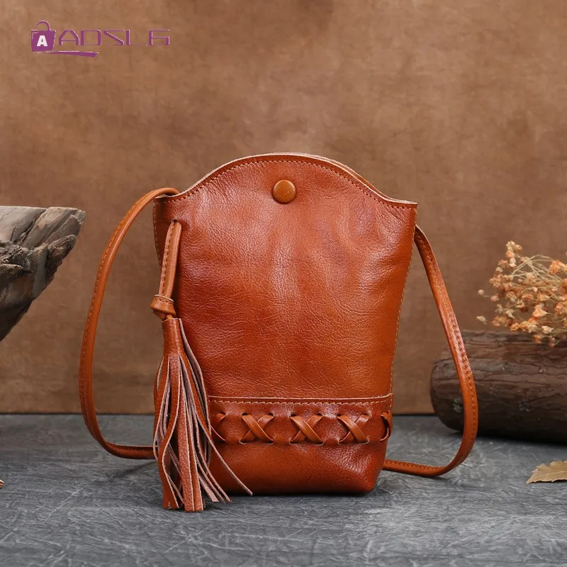 

Genuine Leather Womens New Tassel Armpit Shoulder Bag Vintage Bucket Classic Mini Small Casual Cowhide Ladies Crossbody Bags