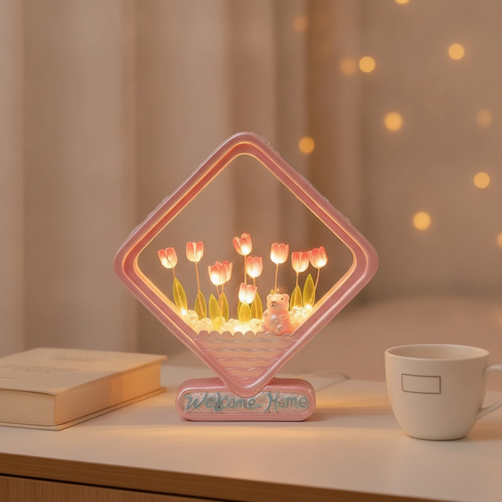 Flower Night Light Illuminated Flower Lamp Flower Night Light LED Flower Lamp with Wooden Base Warm for Bedroom, Desk