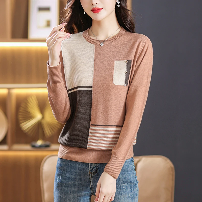 Women\'s Jumper Spliced Fashion Loose Knitted Tops Autumn New Loose Casual Simple All-match Sweaters