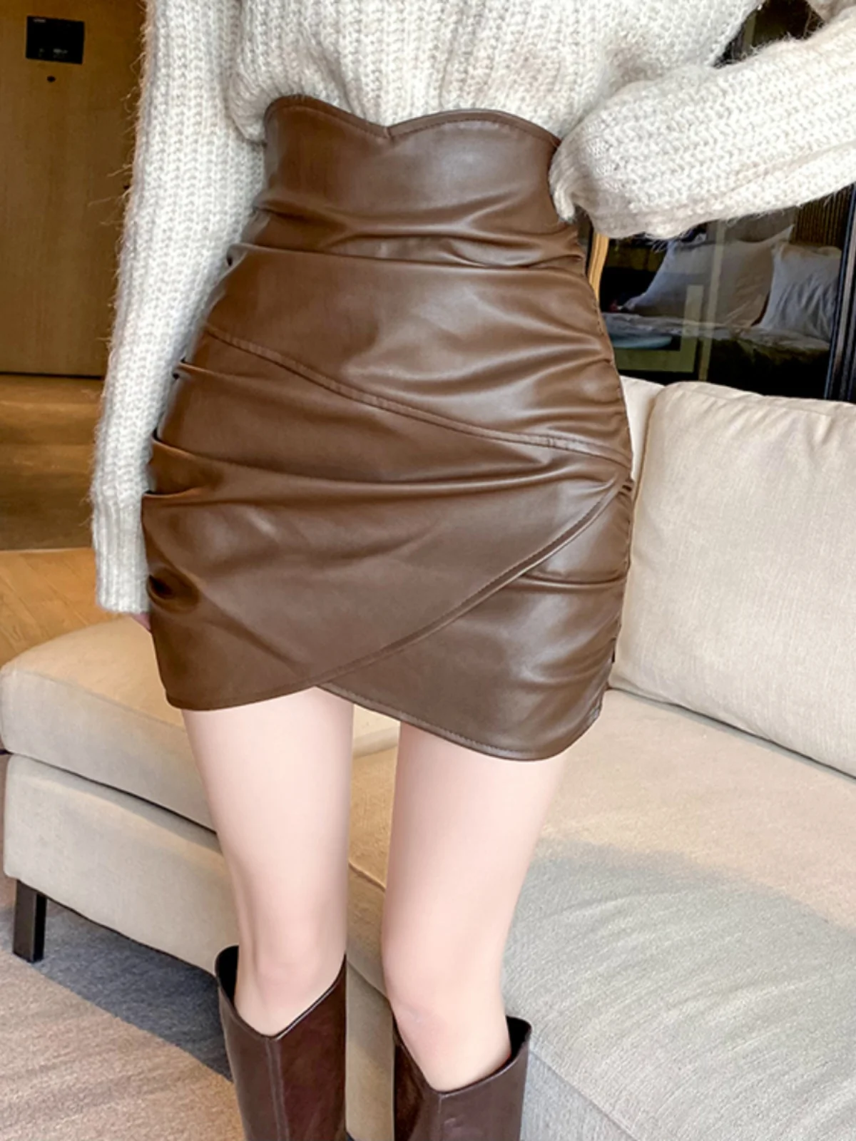 

Юбка из искусственной кожи с высокой талией, женская, весна-осень, модная, асимметричная, плиссированная, облегающая, средней длины, в корейском стиле