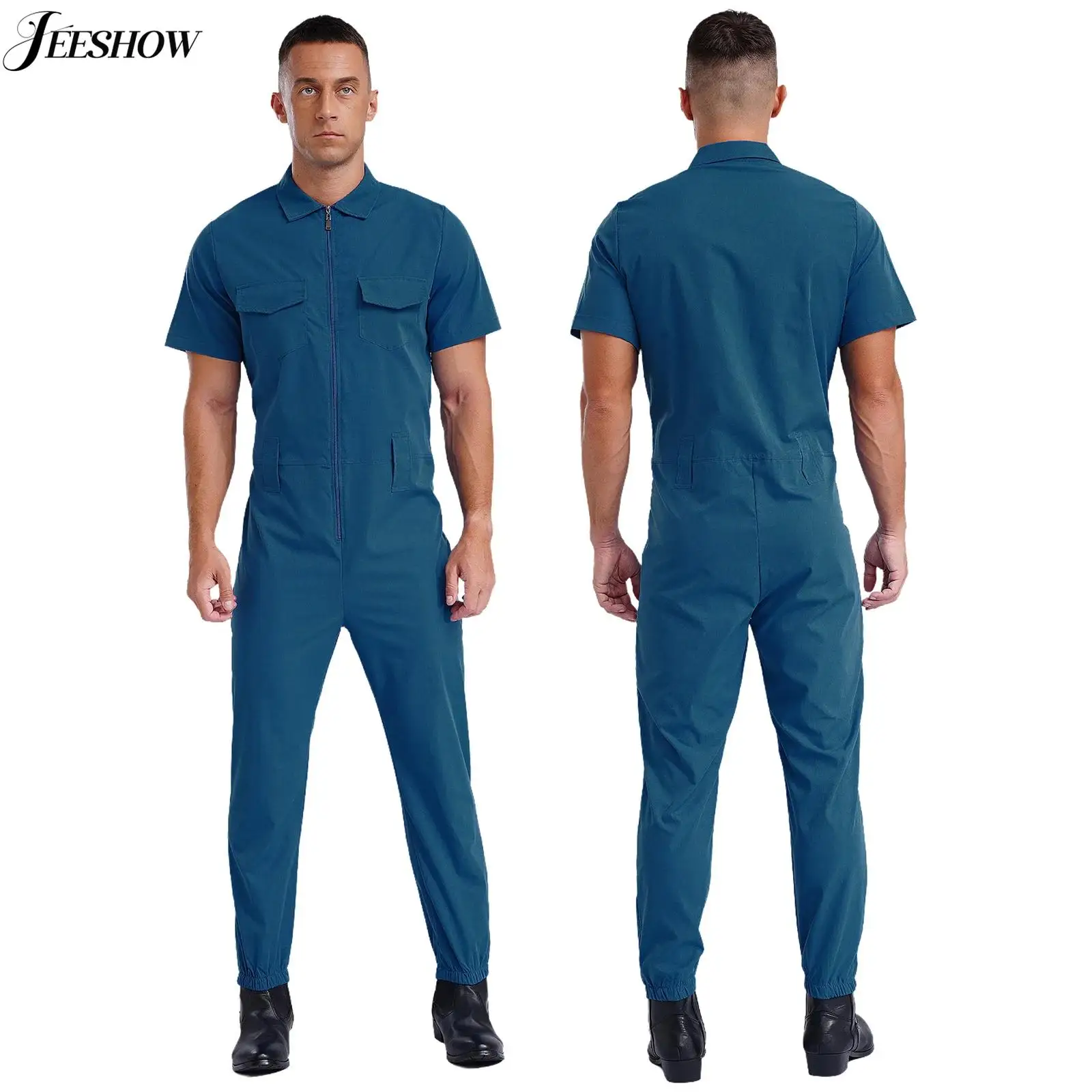 

Mens Short Sleeve Coveralls Turn-Down Collar Front Zipper Work Jumpsuits Wear Resistant Blend Work One Piece Rompers Dungarees