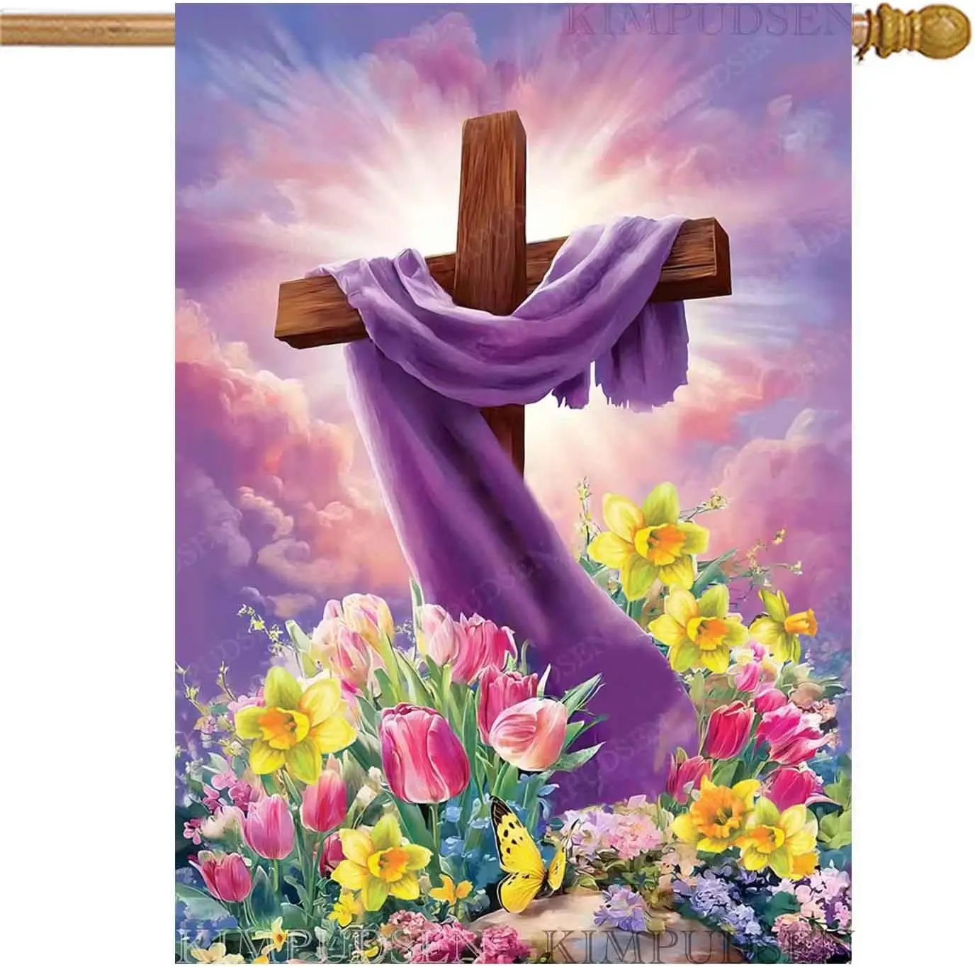 Spring Summer Easter House Flag 28x40 Inch Double Sided Large Burlap Cross Tulip Lily Flower Yard Garden Flags for Seasonal  GGO