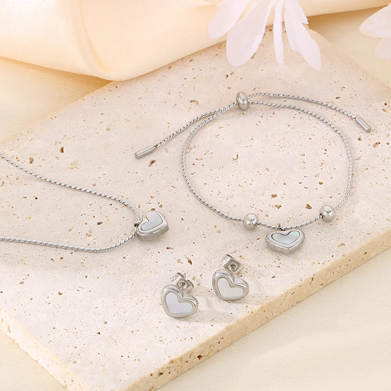 3pcs/set Heart Earrings Necklace Bracelet For Women Girl Fashion Gold Silver Color Stainless Steel Jewelry Sets Wedding Party