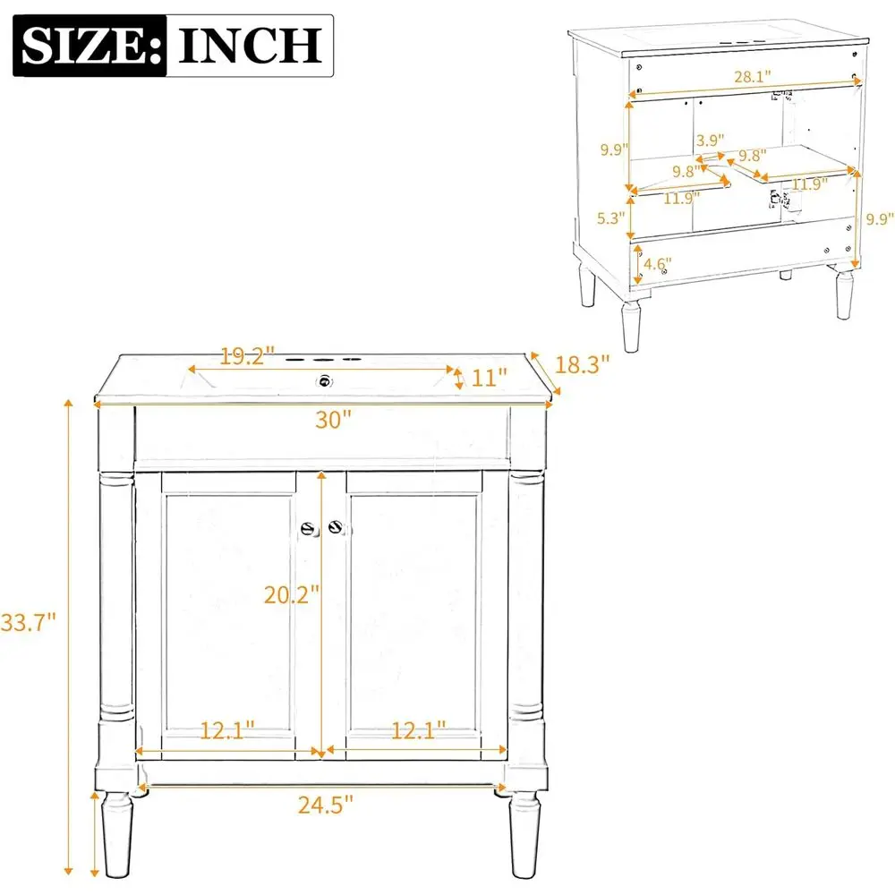 30 Solid Wood Powder Room Vanity with 2-Door Cabinet and Ceramic Sink