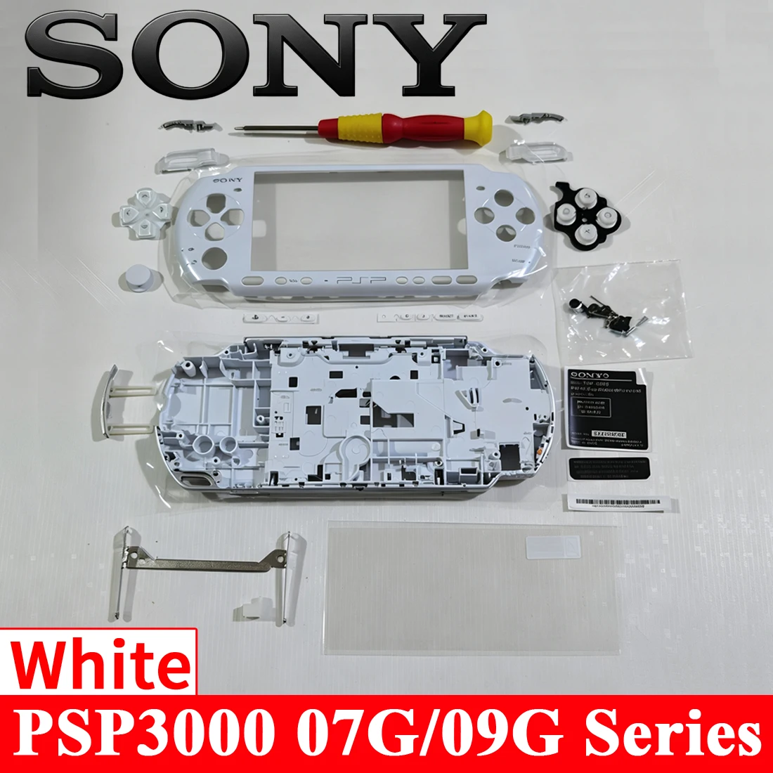 sony-psp-3000-09g-07用、不透明ホワイトの筐体シェル交換キット。diyゲーム機の修理用フルケースカバー。