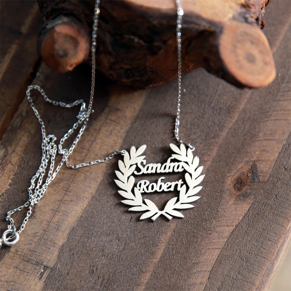 Laurel Wreath Two Names Necklace Custom Name Tree Leaf Necklace Personalized Love Core Wedding Gift for Women Girl Jewelry