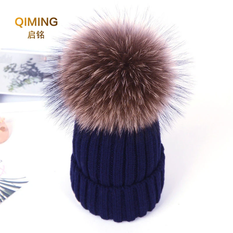Children Real Raccoon Fur Ball Hats Knitted Hat Children Keep Warm Winter Hats for Women Knit Beanies Cap Fur PomPom Caps Girl