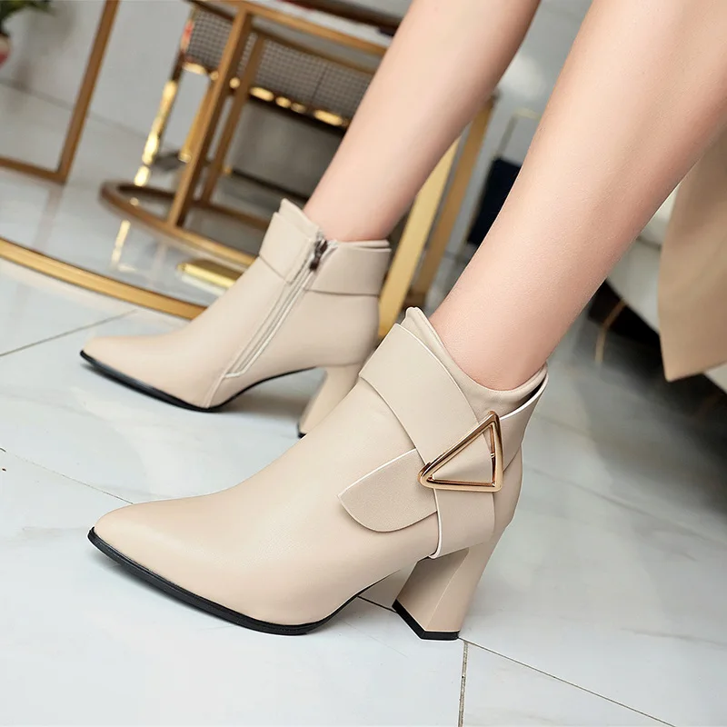 

Women's High Heels Short Boots Spring Autumn Belt Buckle Ankle Boots Female Bottes High Top Leather Shoes Waterproof Woman Pumps