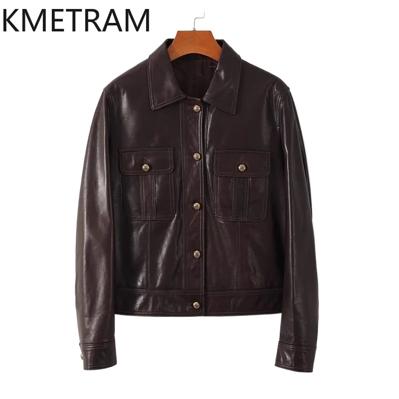 100 % Top Schicht Schaffell Jacke Frau Vintage Braun Echt Leder Jacken Kurze Outer Herbst Kleidung 2025 Frauen veste femme