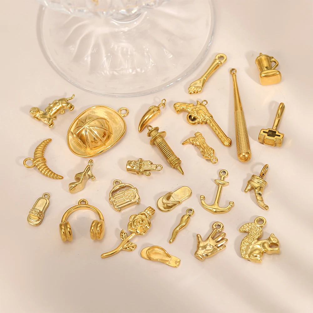 CARLIDANA Stainless Steel Gold Plated Baseball cap Gun  Headphone Anchor Rose Squirrel Pendant High heel Accessories Charms
