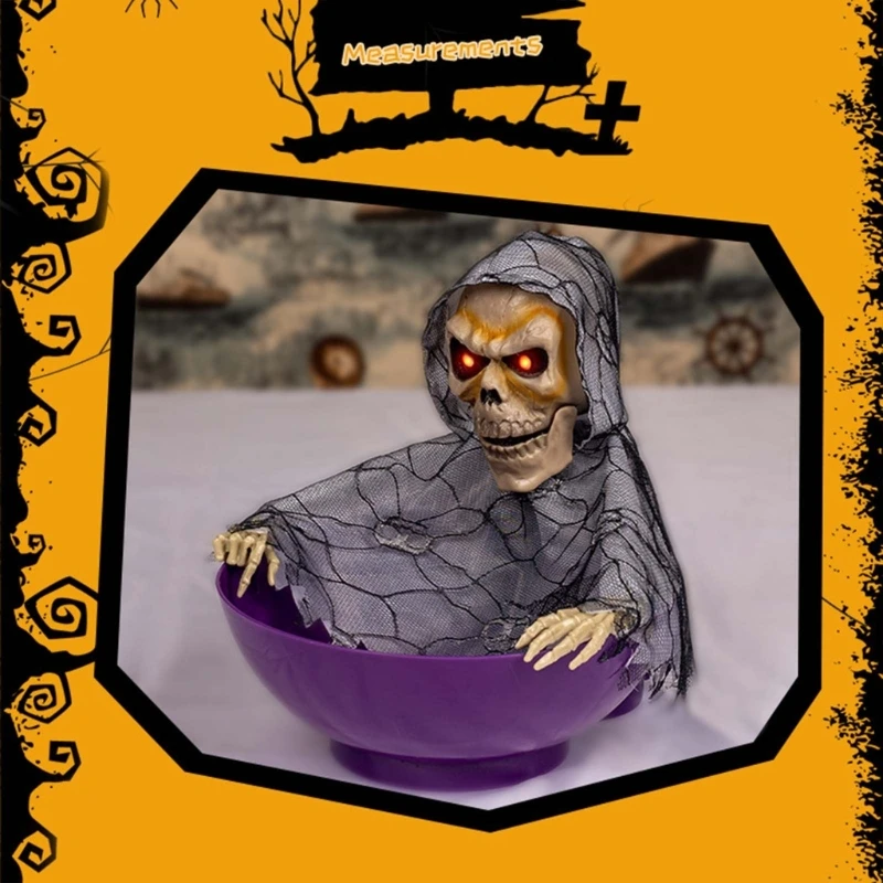 KX4B Spooky Skeleton Candy Holder ชามขนมที่มีดวงตาสีแดงสว่างขึ้นและชิ้นส่วนที่เคลื่อนไหวสำหรับการตกแต่งวันฮาโลวีน