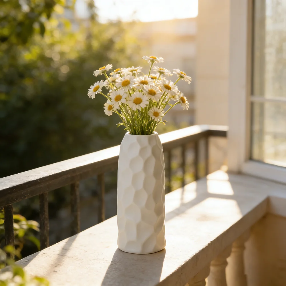 20cm White Ceramic Vase Geometric Texture Nordic Style White Ceramic Vase 3.6cm Caliber Minimalist Flower Arrangement for Home