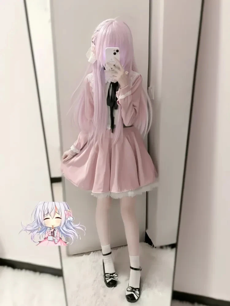 

Sweet Girl Japanese Sle Pink Series Dr Lace Splicing Long Sve ort Skirt Design Sweet Faion Set для женщин