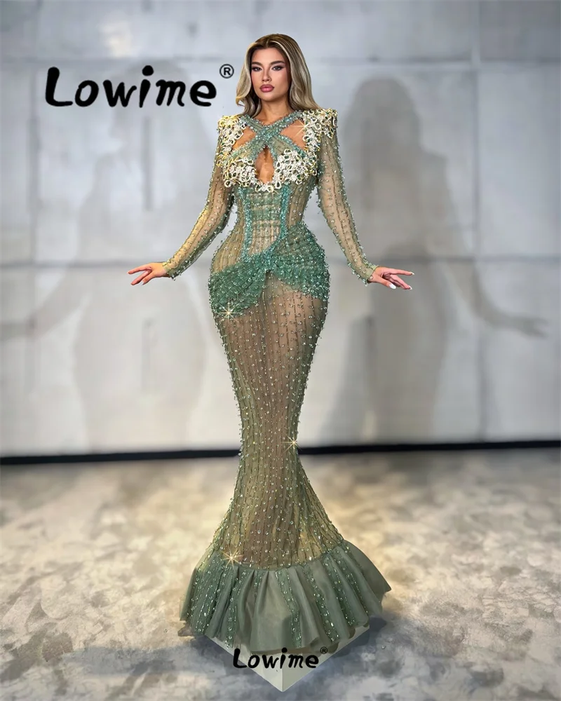 

Illusion Sexy Green Prom Dresses Mermaid 2024 Second Reception Birthday Long Sleeve Full Crystals Arabic Aso Ebi Robe De Soiree