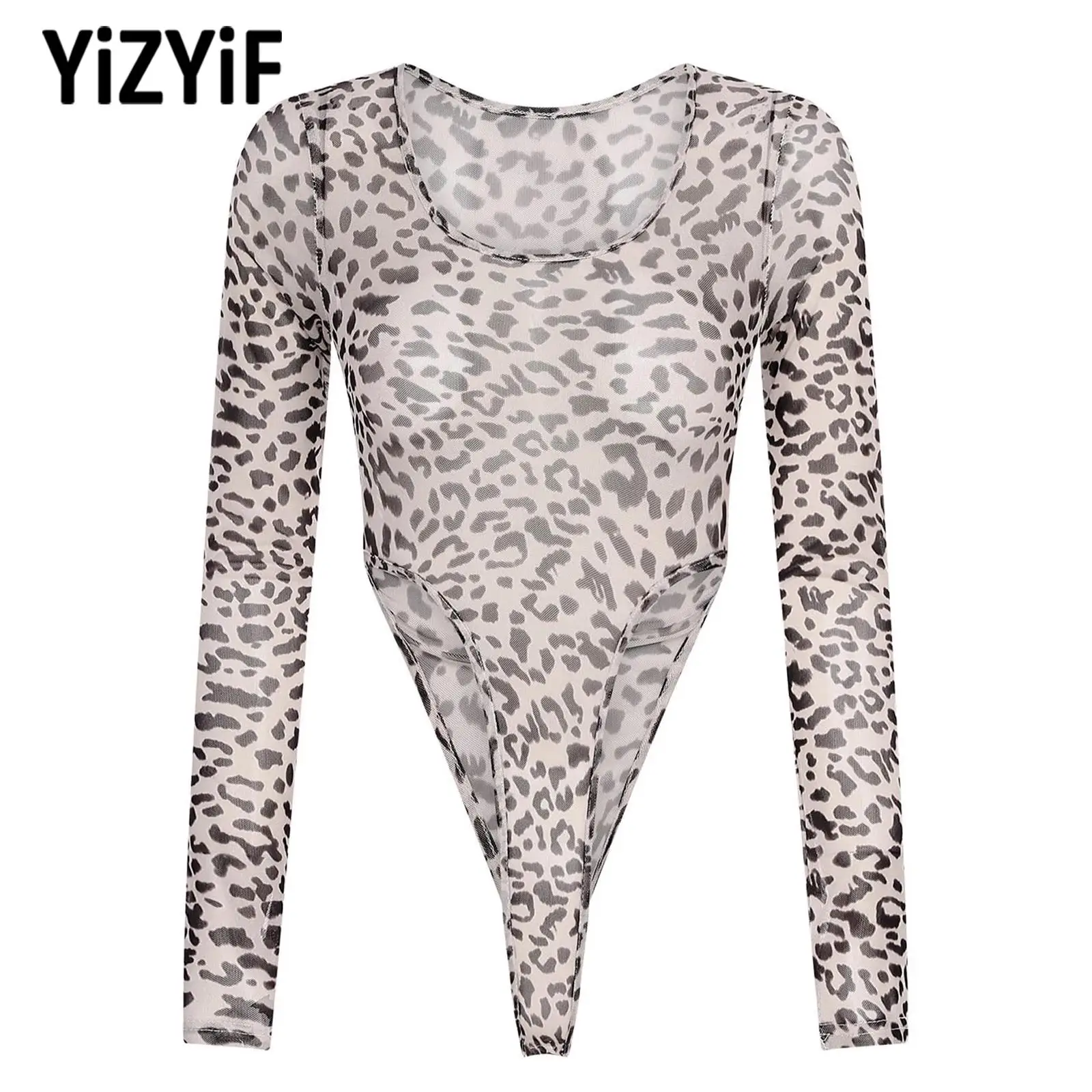 

One Piece Swimsuit for Womens Leopard Printed Leotard Long Sleeve See-Through Mesh High-Cut Bodysuit for Casual Beach Pool Party