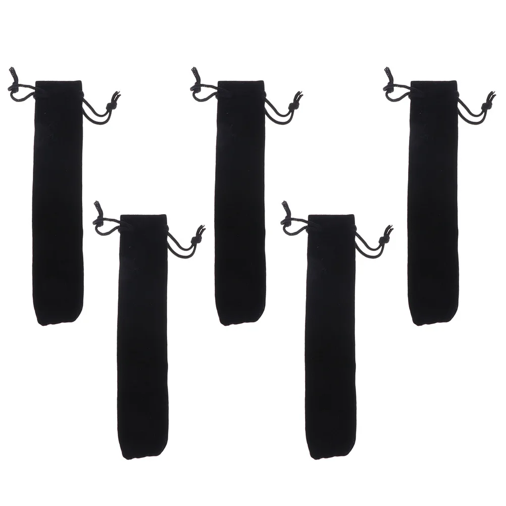 5pcs Pen Pouch Black Sturdy Lint Storage Drawstring Closure Single Pen Sleeve Flannelette Gift Bag For Office School Desk