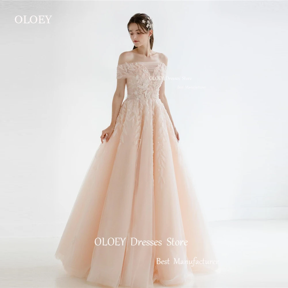 

OLOEY Elegant Blush Pink Tulle Evening Dresses Korea Lady Off the Shoulder Floral Lace Wedding Photo shoot Fairy Prom Gowns