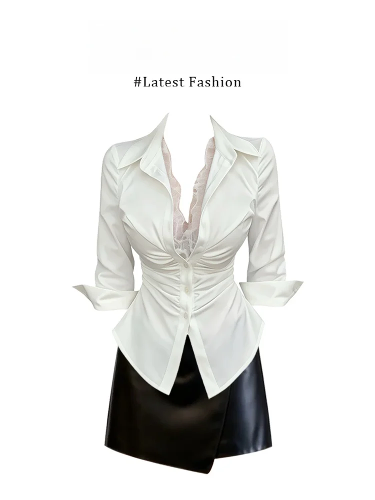 

Parkyeon Design Sensation Lace Neck Shirt Summer Top Skirt Set Women's Casual Fashion Ensemble Polyester Fiber Long Sleeve