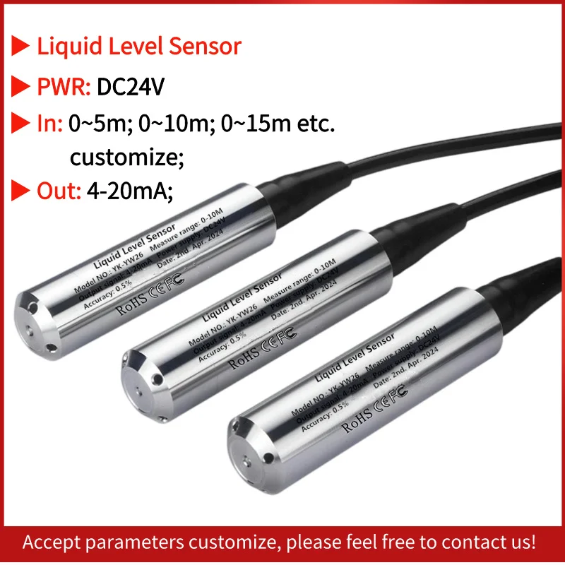 Water Tank Liquid Level Pressure DC24V 5-15m Cable 4-20mA Output Submersible Water Liquid Level Transmitter