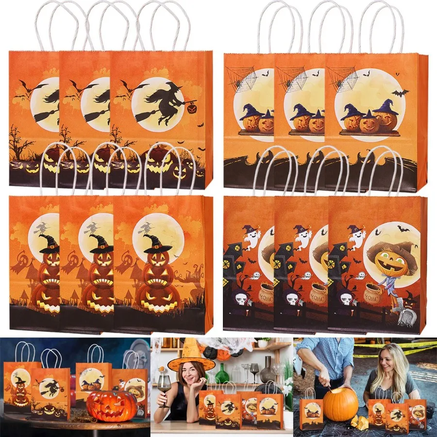 

12Pcs Gift Bags with Handle 4 Designs Paper Bags Candy Goodies Cookie Bags Snacks Gift Wrapping Bag for Holiday Party Favor Sup