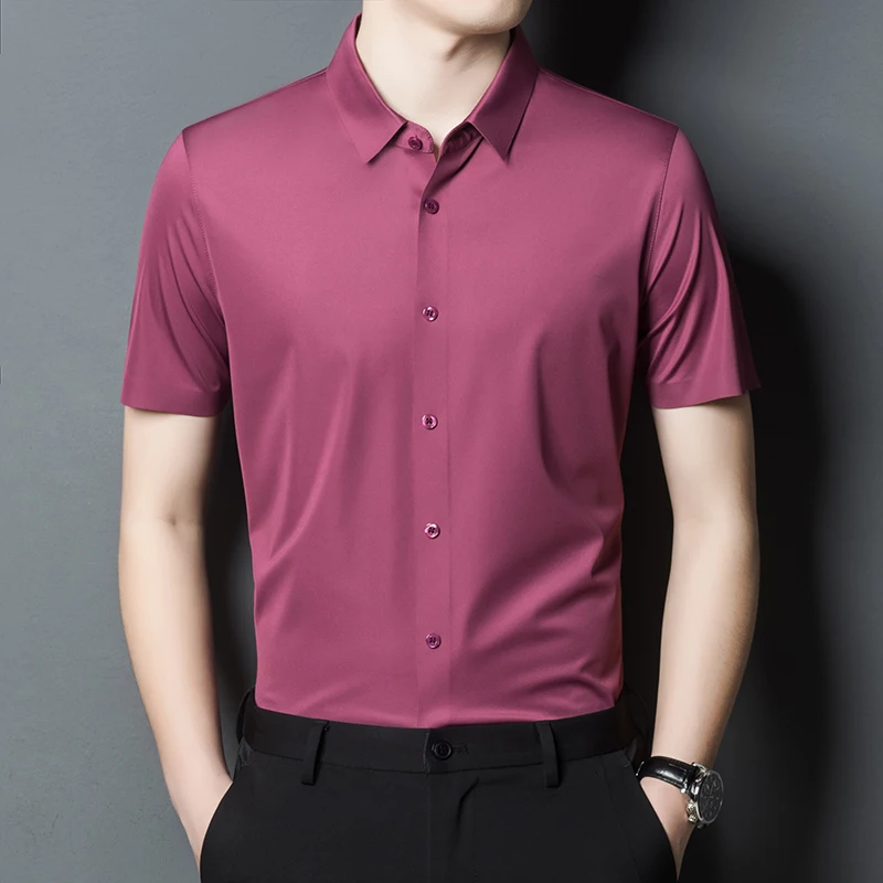 

Men's Non Iron Clothing 2022 Summer Seamless Shirts Bussiness Man Solid Color Formal Blouse Short Sleeve Dresses Shirt