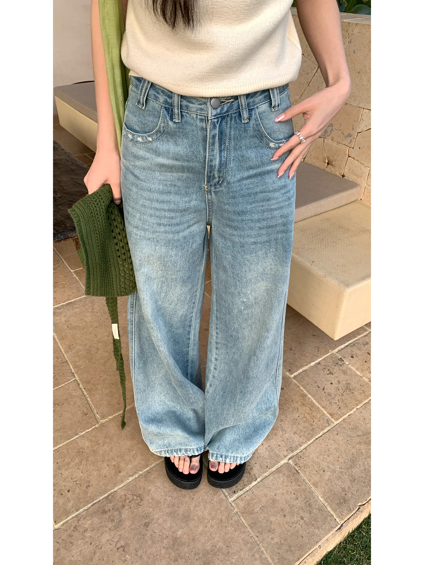 

Женские мягкие потертые синие джинсы COK: новая корейская модель для весны/лета, универсальные, винтажные, с низкой посадкой, из хлопкового денима