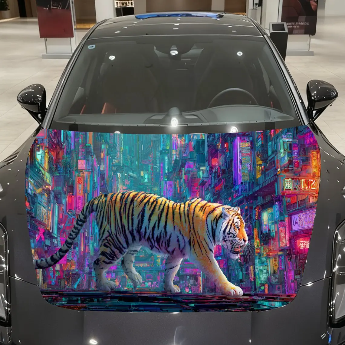 Eye-catching Cyber Tigers and Cities Car Cover Sticker, Auto Hood Decal, Car Exterior Scratch Resistant Decal, Trendy Gift for C