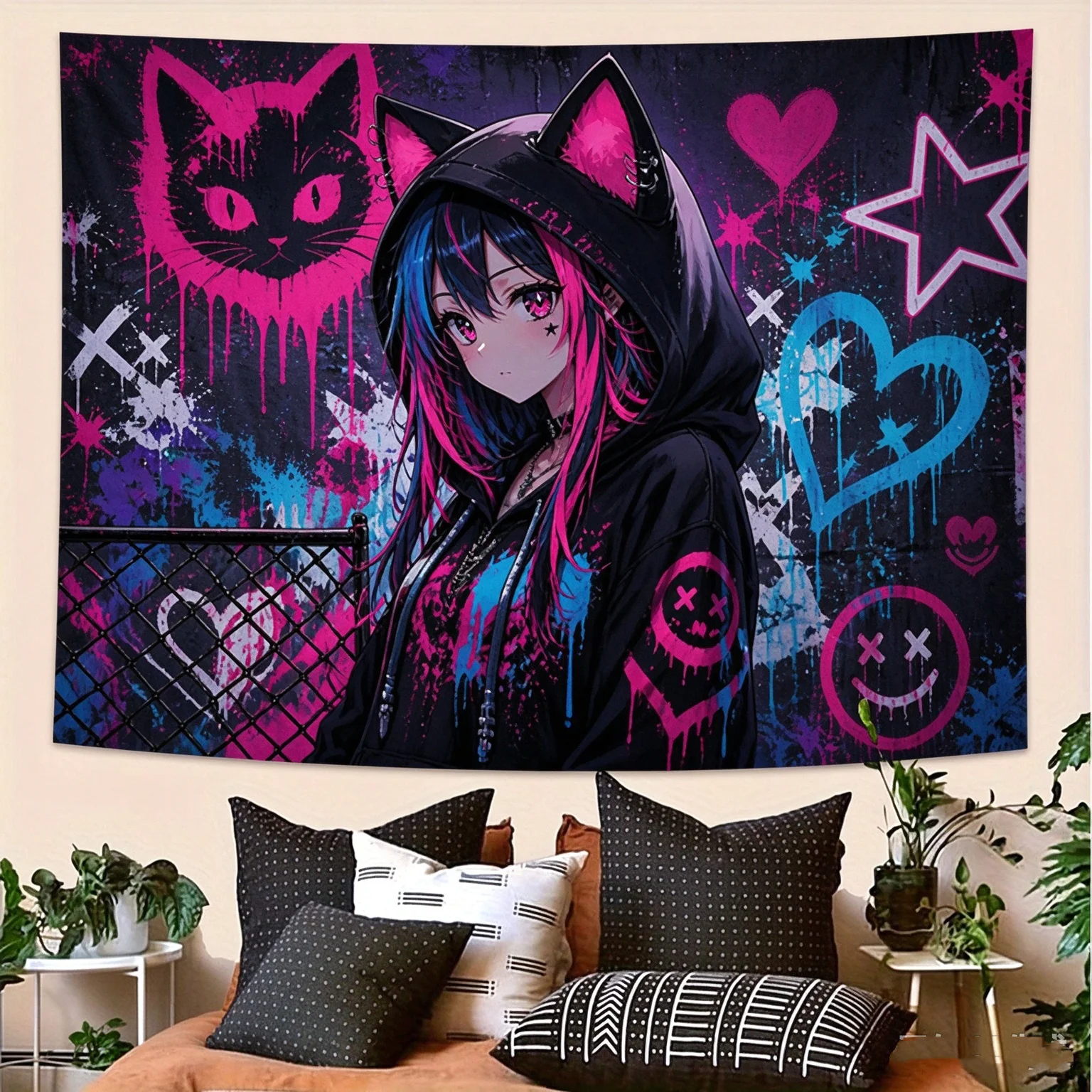 2D Flat Printed Cyberpunk Girl Tapestry Wall Hanging Graffiti Art Poster Decor for Living Room Bedroom Office Anime Themed Moder