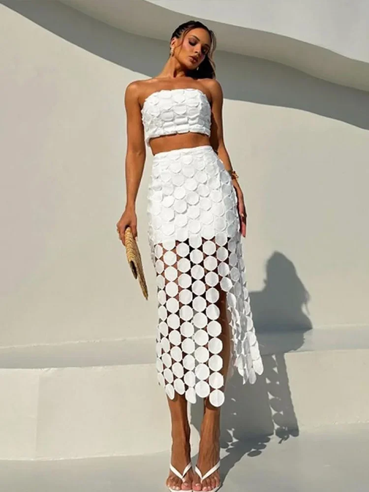 

Полуюбка без бретелек с разрезом, комплект из 2 предметов, повседневный отпускной топ с кисточками в горошек и высокой талией, утягивающие юбки средней длины, комплекты