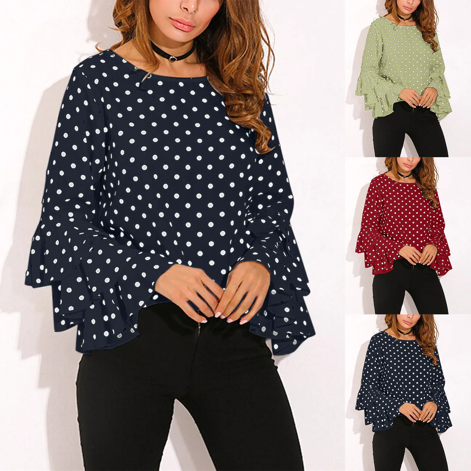 

Large Size Polka Dot Flared Sleeve Blouse Chiffon Top Layered Sleeve Summer 2023 Casual Loose Fit Women's Fashion