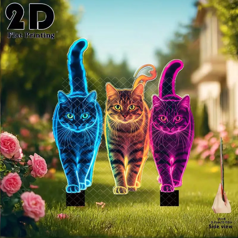 1 Stück 2D Flacher Neonfarbener Katzen-Gartenstecker, Garten- und Blumenbeet-Dekoration, Tierische Gartendekoration, Rasenornamente, Tolles Geschenk für Freunde
