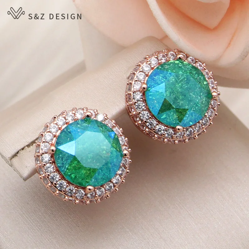 S&Z DESIGN New Fashion Round Ice Crack Crystal Dangle Earrings For Women 585 Rose Gold Color Cubic Zirconia Jewelry Gift