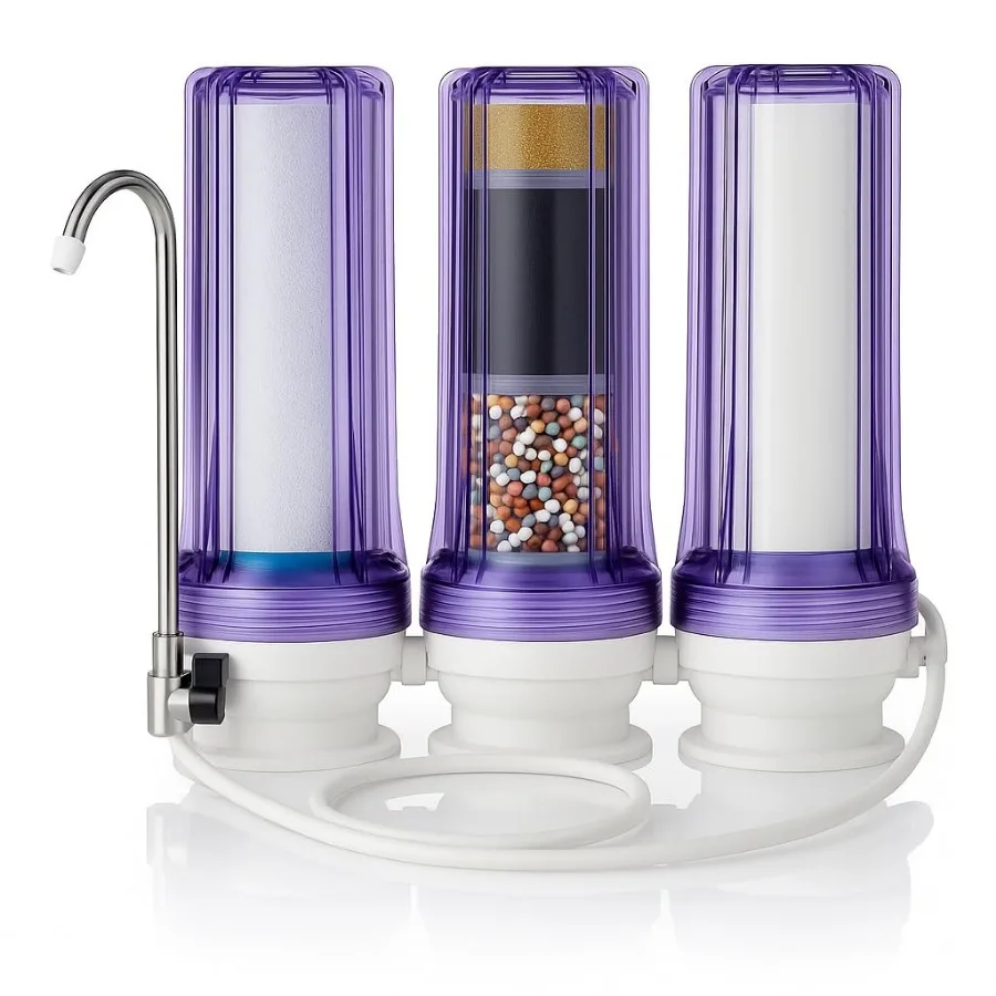 نظام تنقية المياه الثلاثي على سطح الطاولة مع تقنية ORP القلوية 0.5 ميكرون فلتر كتلة الكربون للملوثات الفعالة