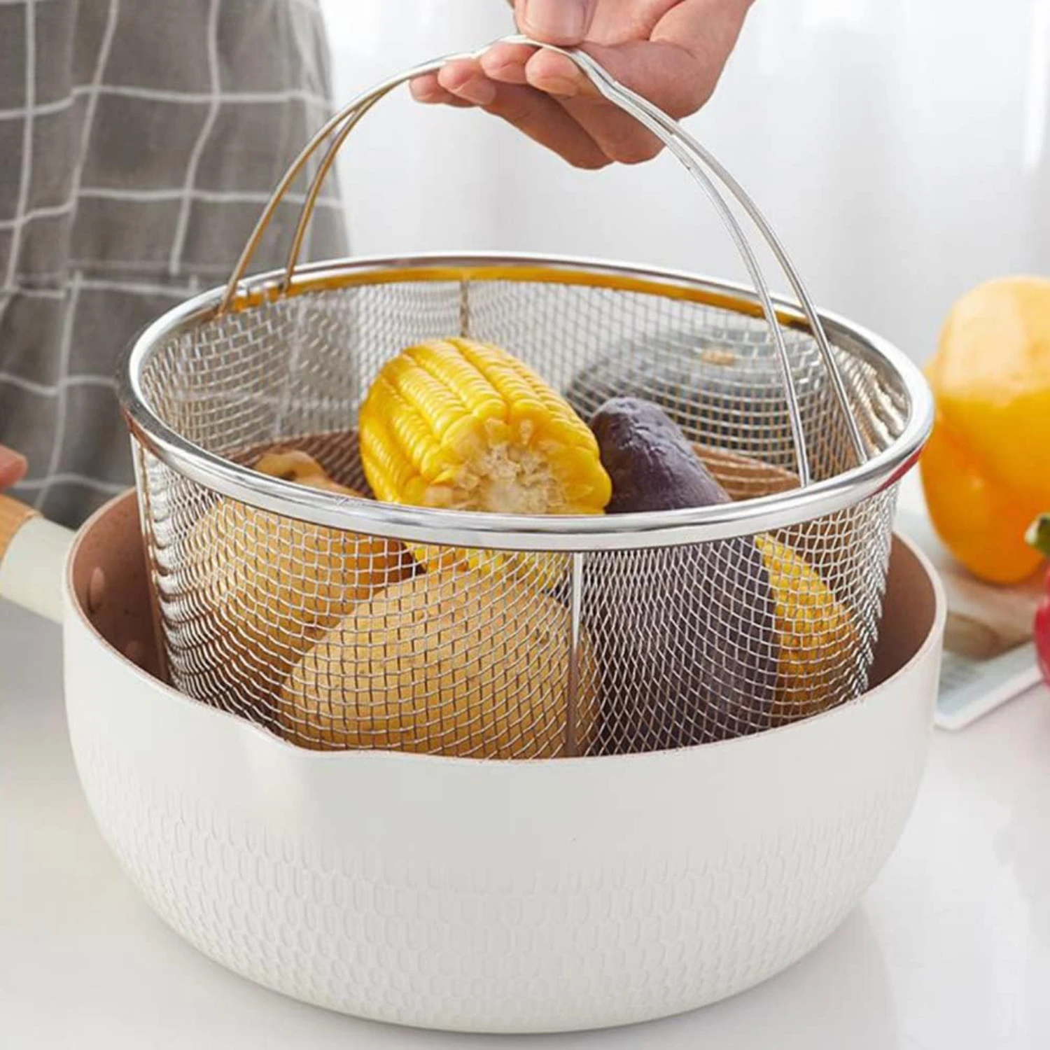 1pc, Stainless Steel Round Basket, Frying Drain Basket, Kitchen Wire Steamer, Food Draining Tray, Vegetable Washing Colander, Me